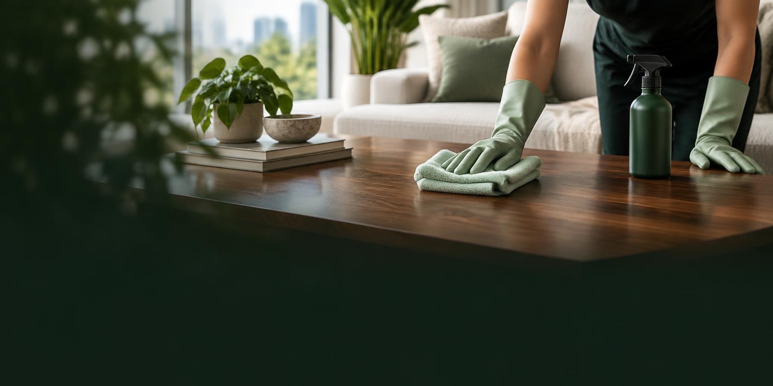 Nestly cleaner wiping a wooden table in a bright Toronto home