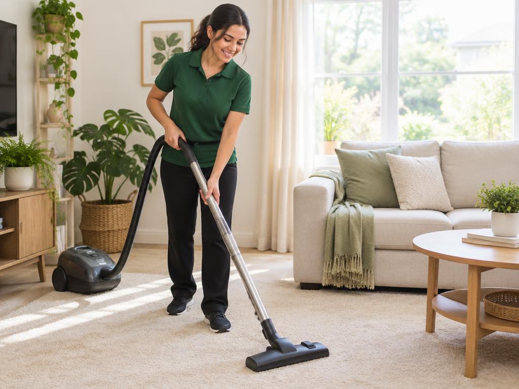 Nestly cleaner vacuuming a living room carpet